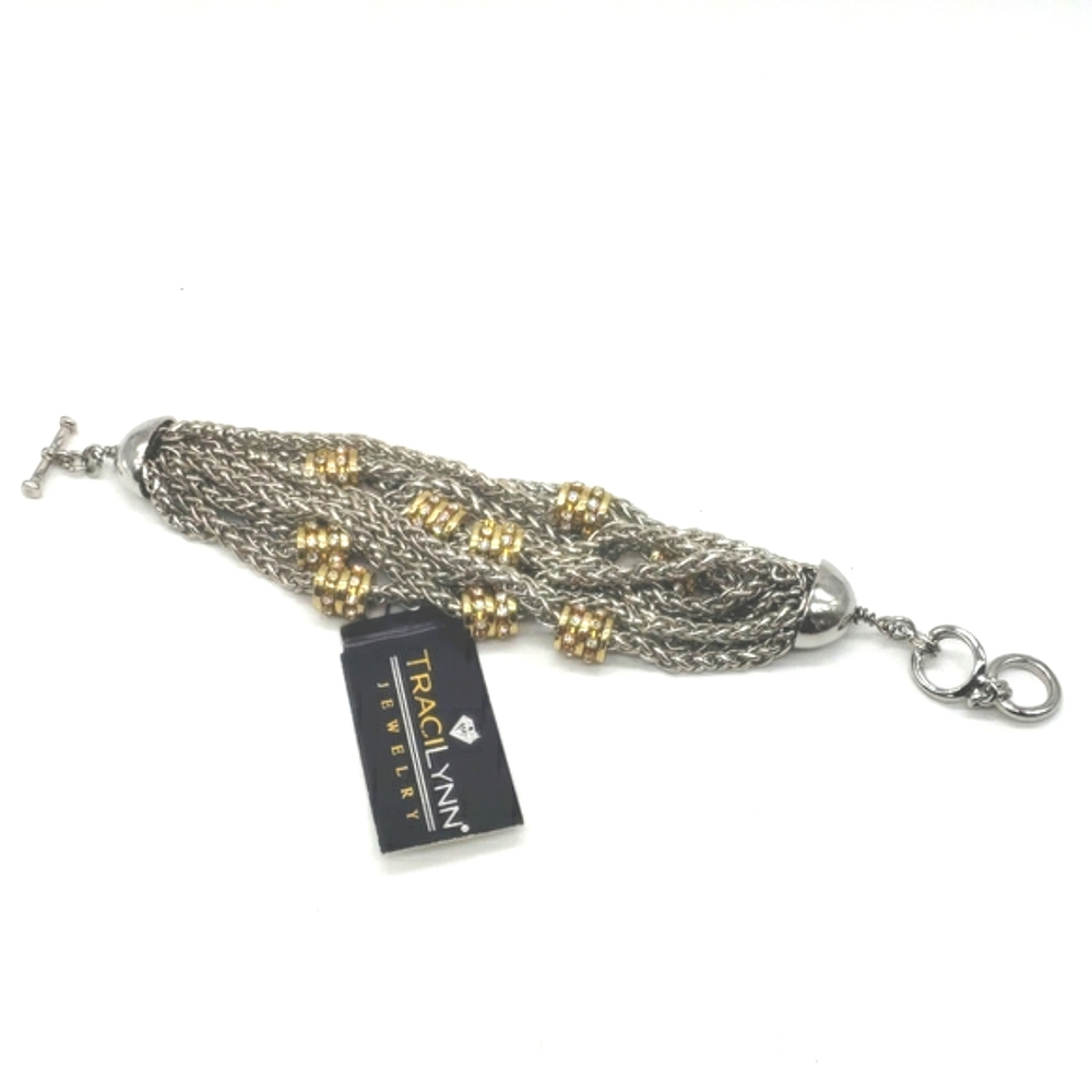 Traci lynn multi strand bracelet cz barrel charms Modern Silver Tone